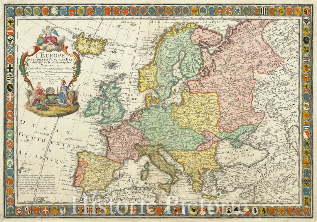 Historic Map : L'Europe divisee dans se principaux etats subdivise's en leurs principales provinces, 1730, Vintage Wall Art
