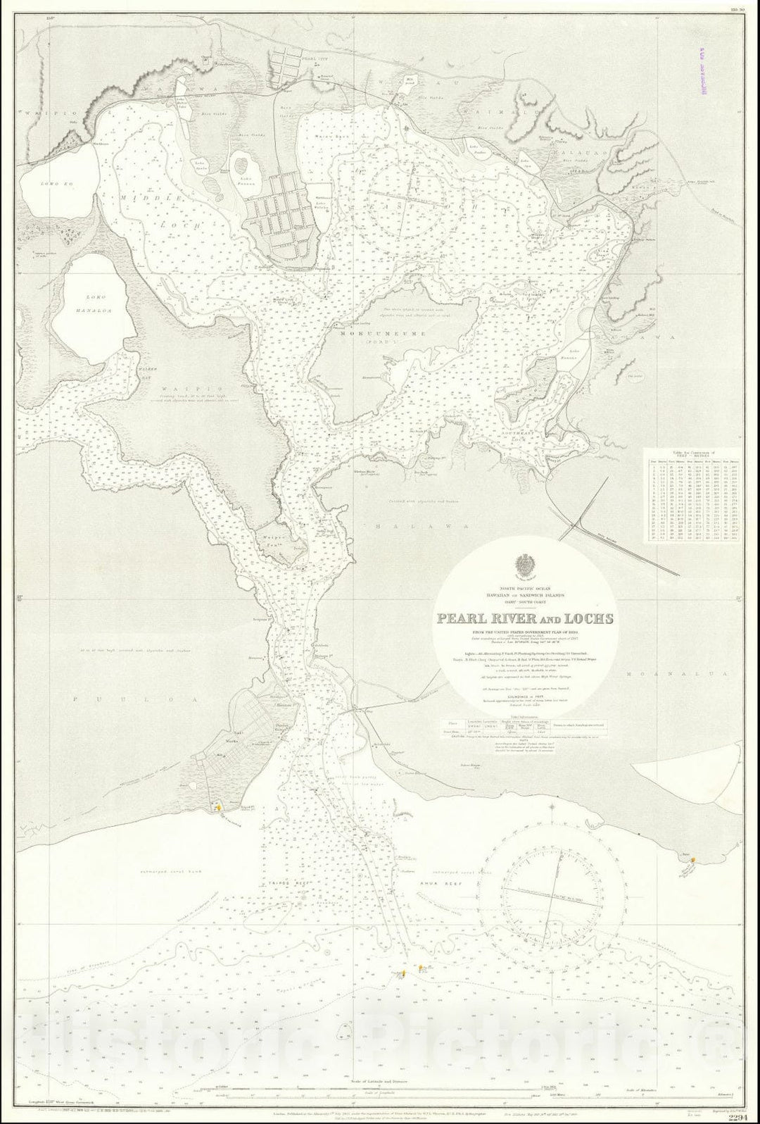 Historic Map : Pearl Harbor,Pearl River and Lochs From The United States Government Plan of 1899, 1901 (1920), Vintage Wall Art