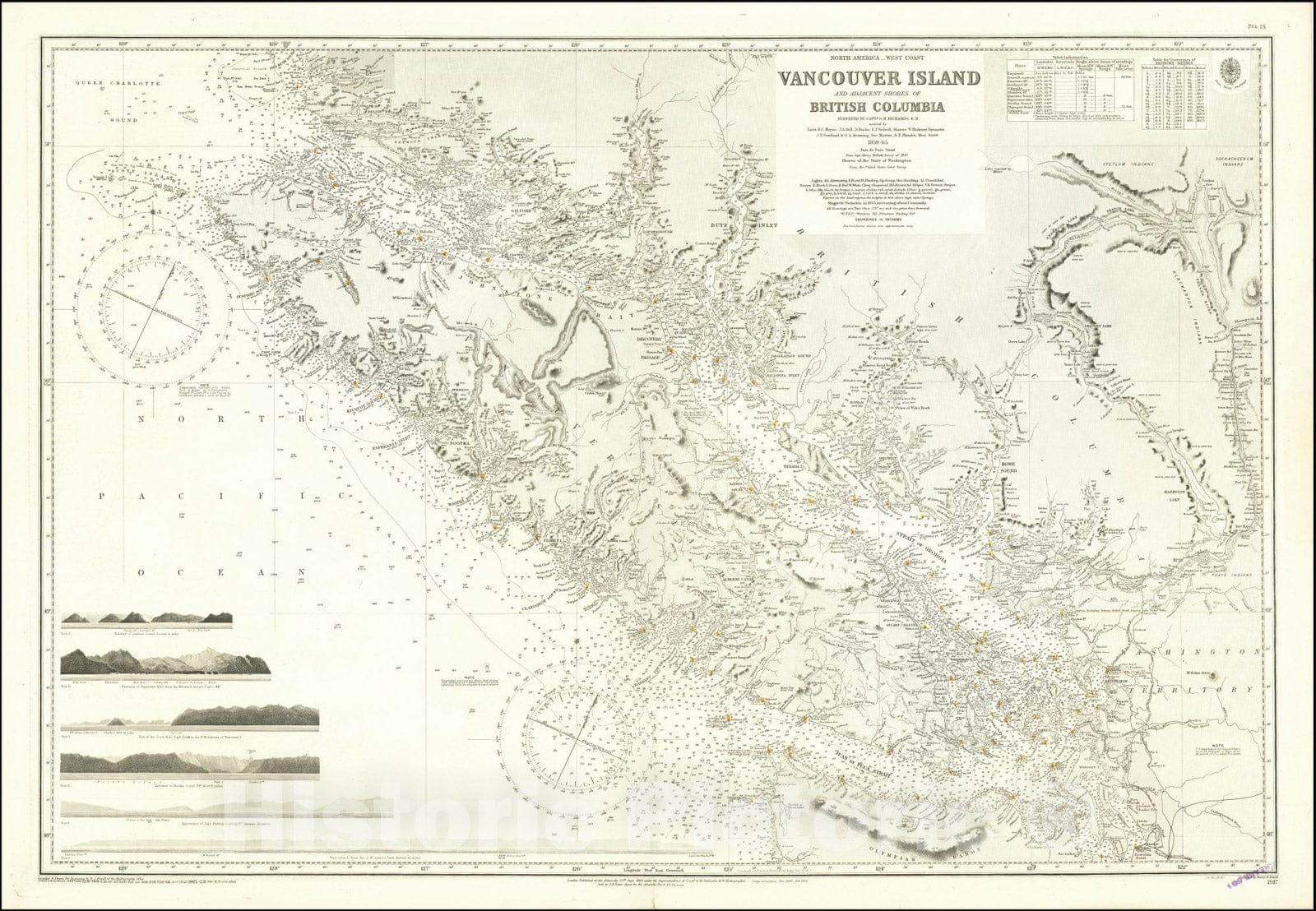 Historic Map : Vancouver Island and Adjacent Shores of British Columbia Surveyed by Captn. G. H. Richards, R.N., 1859-1865, 1865, Vintage Wall Art
