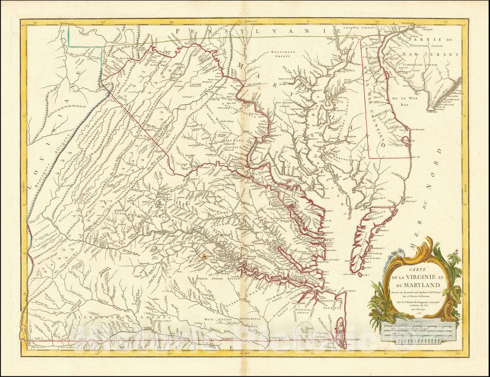 Historic Map : Carte de la Virginie et du Maryland Dressee sur la grande carte Angloise de Mrs. Josue Fry et Pierre Jefferson, 1755, First State, with Lord Fairfax Line Shown, 1755, Vintage Wall Art