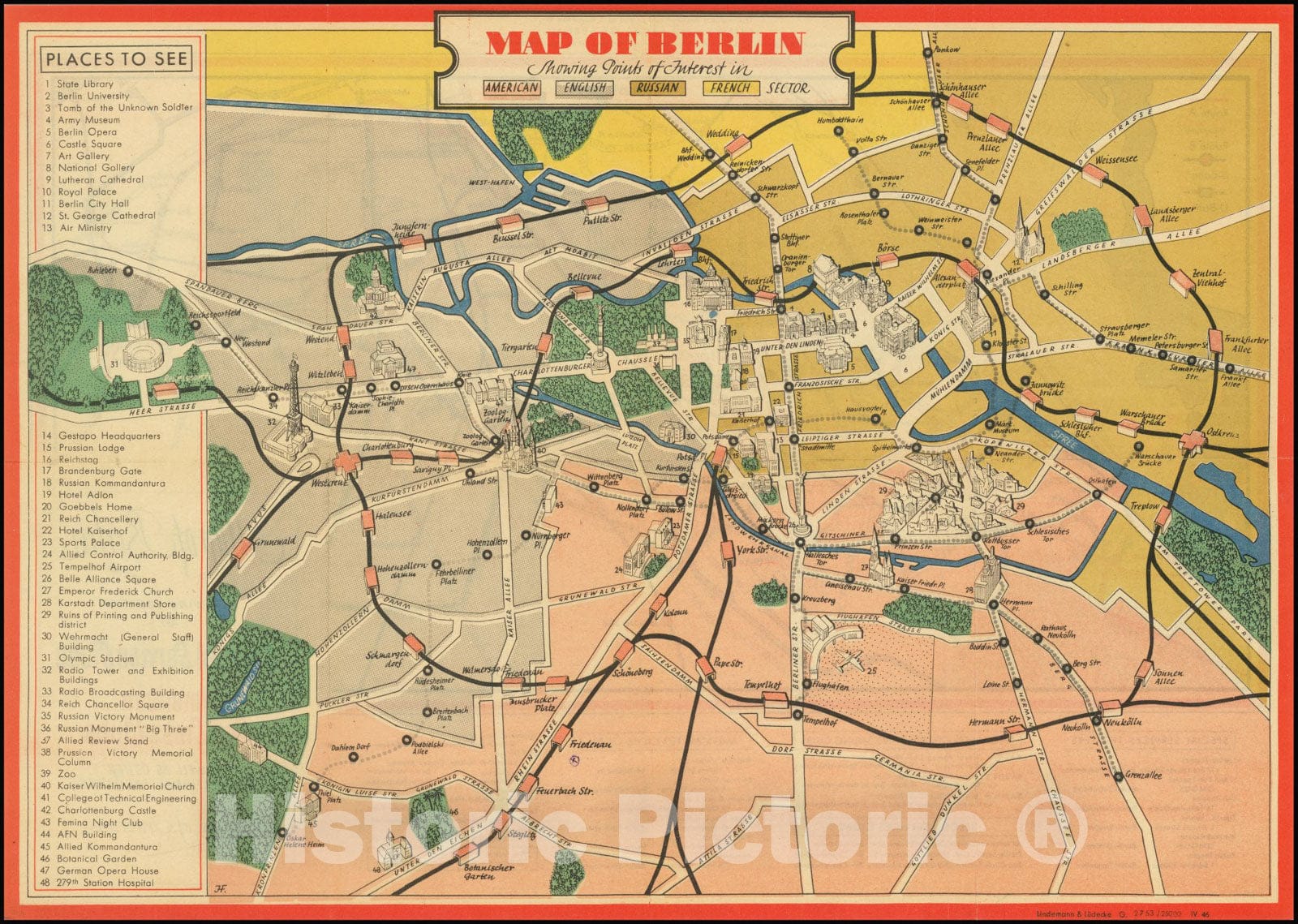 Historic Map : Berlin Showing Points of Interest in American English Russian French Sector, 1945, Vintage Wall Art
