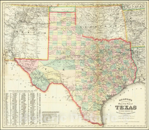 Historic Map : Colton's "New Medium" State of Texas, The Indian Territory, etc. From the latest & Most Authentic Sources, 1884, 1884, Vintage Wall Art
