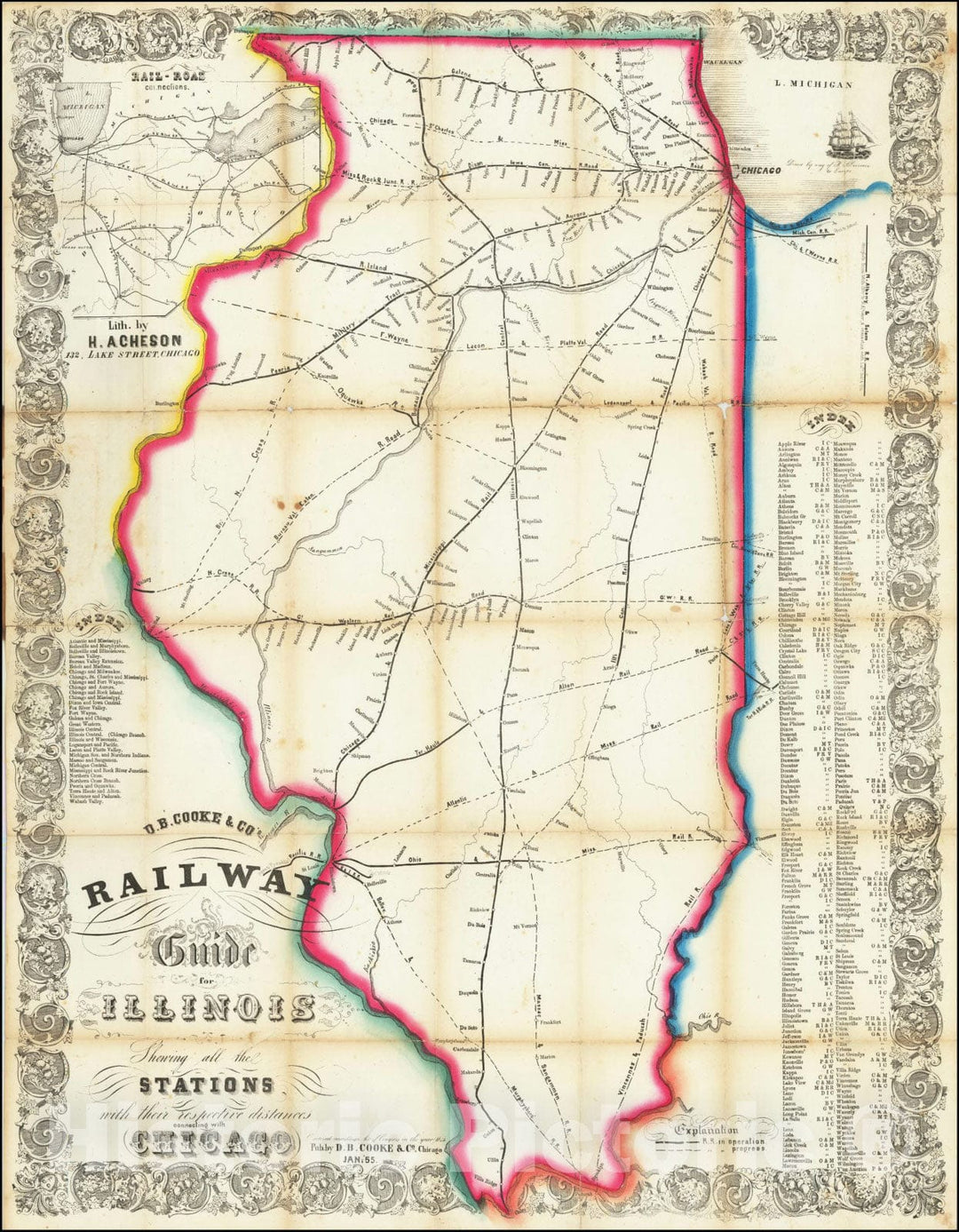 Historic Map : D.B. Cooke & Co.s' Railway Guide for Illinois Shewing all the Stations with their Respective distances connecting with Chicago, Jan: '55, 1855, Vintage Wall Art