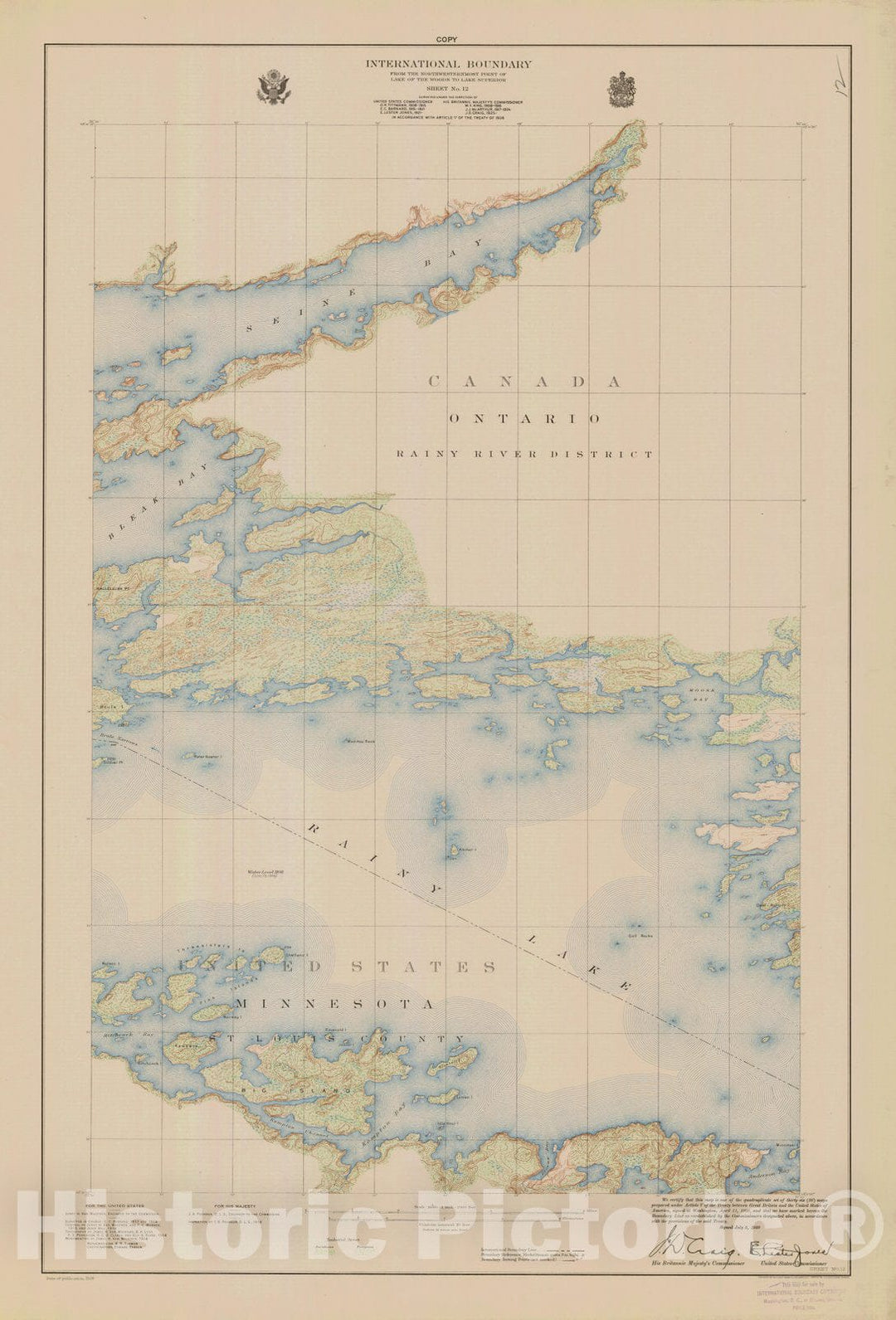 Historic Nautical Map - International Boundary, From The Northwestern Most Point Of Lake Of The Woods To Lake Superior, Sheet No. 12, MN, 1928 NOAA Topographic - Vintage Poster Wall Art Reproduction - 0