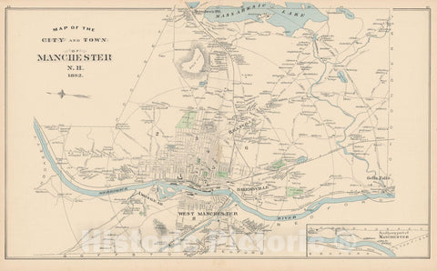 Historic Map : Manchester 1892 , Town and City Atlas State of New Hampshire , v13, Vintage Wall Art