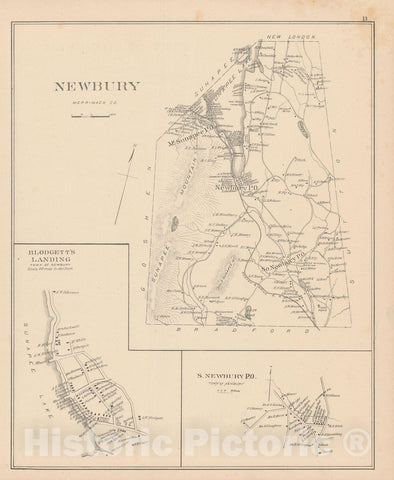 Historic Map : Newbury 1892 , Town and City Atlas State of New Hampshire , Vintage Wall Art