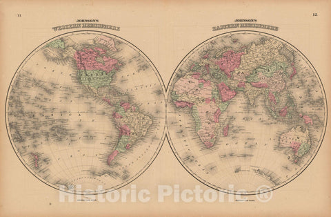 Historic Map : World Map 1864 , Johnson's Atlas World , Vintage Wall Art
