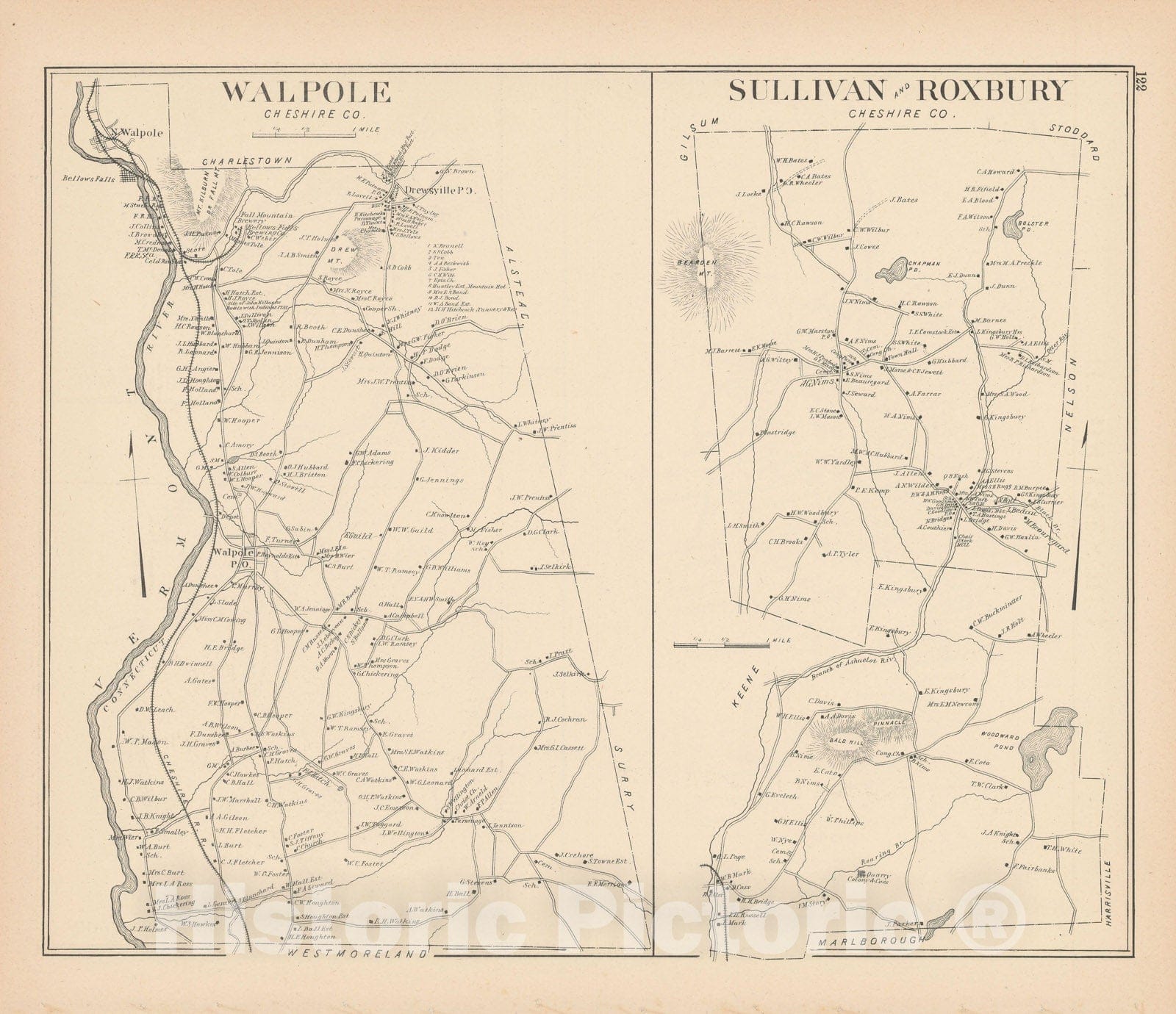 Historic Map : Roxbury & Sullivan & Walpole 1892 , Town and City Atlas State of New Hampshire , Vintage Wall Art