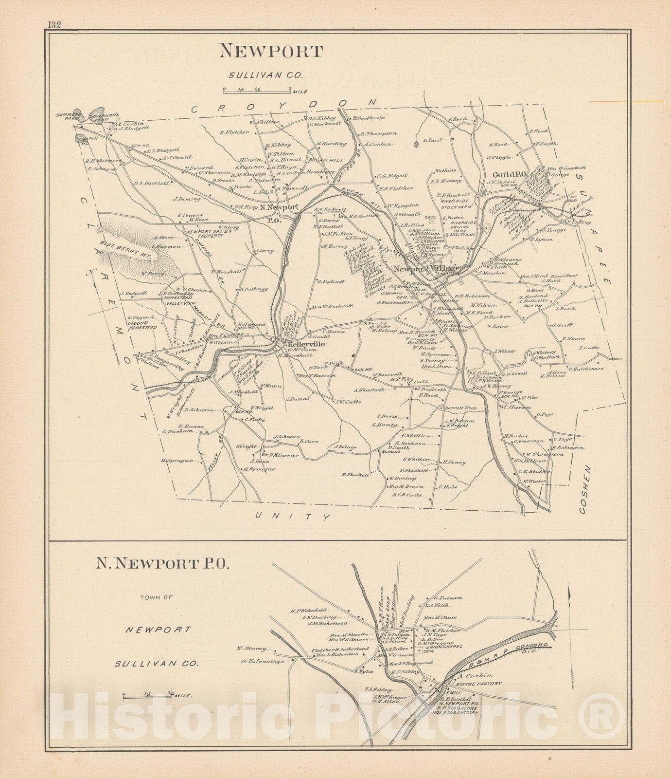 Historic Map : Newport 1892 , Town and City Atlas State of New Hampshire , Vintage Wall Art