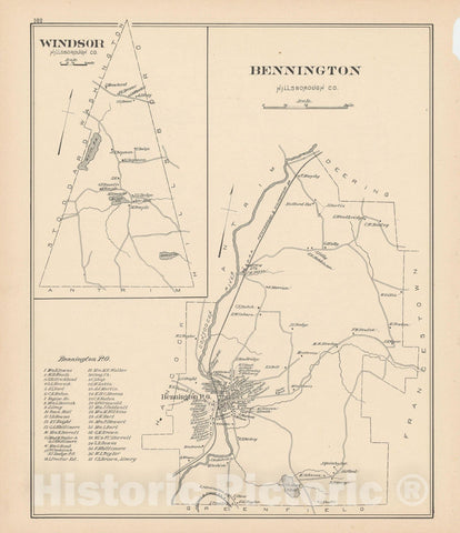 Historic Map : Bennington & Windsor 1892 , Town and City Atlas State of New Hampshire , Vintage Wall Art