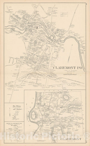 Historic Map : Claremont 1892 , Town and City Atlas State of New Hampshire , Vintage Wall Art
