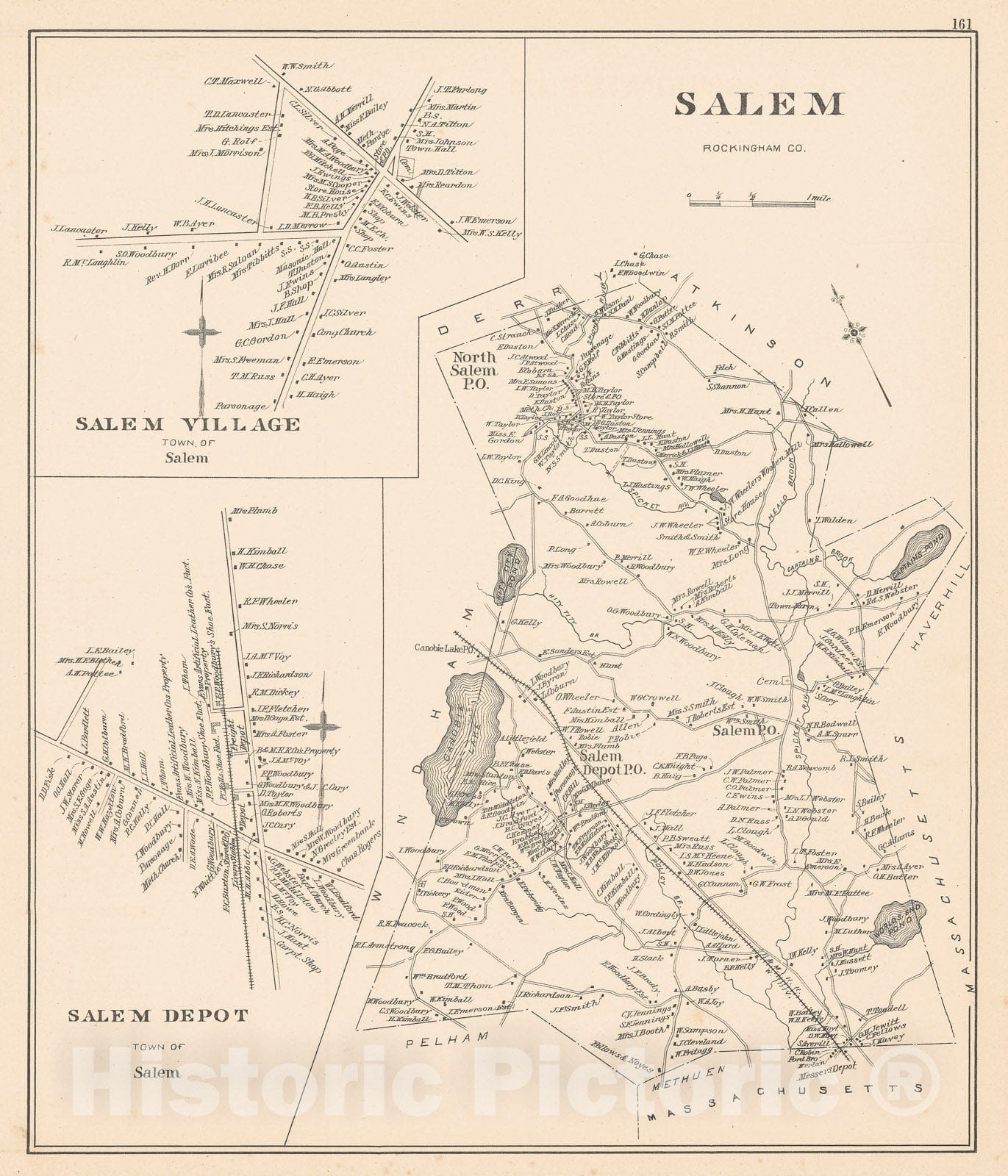 Historic Map : Salem 1892 , Town and City Atlas State of New Hampshire , Vintage Wall Art
