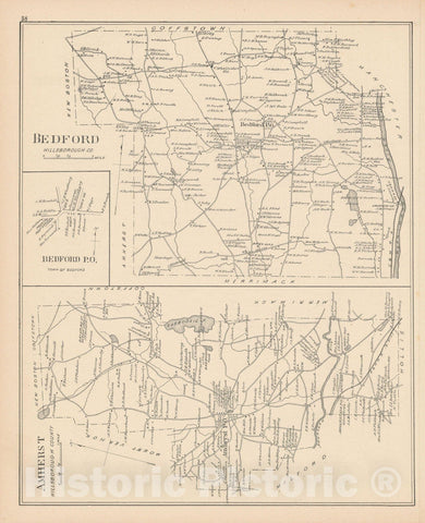Historic Map : Amherst & Bedford 1892 , Town and City Atlas State of New Hampshire , Vintage Wall Art