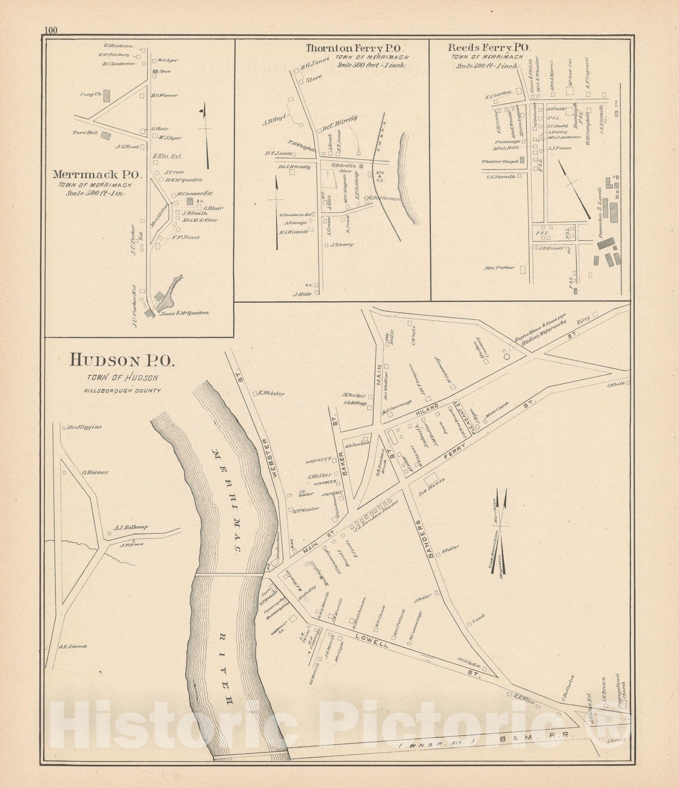 Historic Map : Hudson & Merrimack 1892 , Town and City Atlas State of New Hampshire , Vintage Wall Art