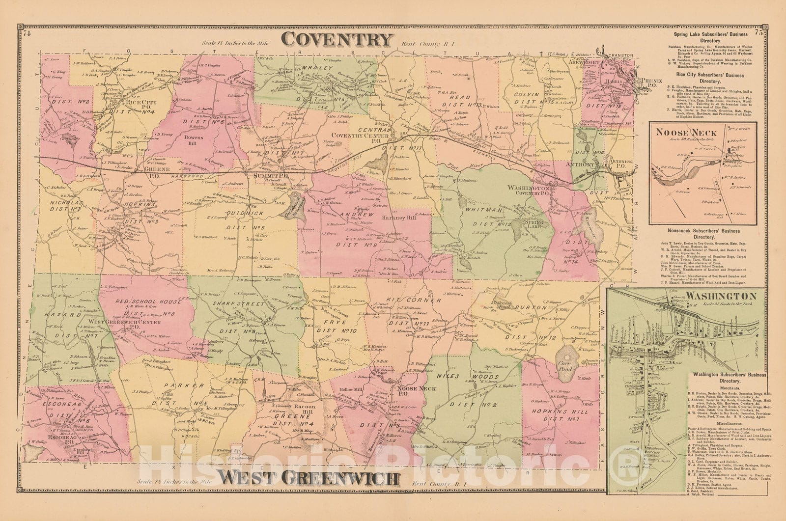 Historic Map : Atlas State of Rhode Island, Coventry & West Greenwich 1870 , Vintage Wall Art