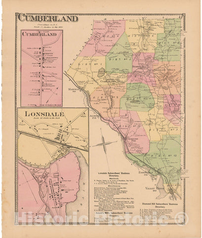 Historic Map : Atlas State of Rhode Island, Cumberland & Lonsdale 1870 , Vintage Wall Art