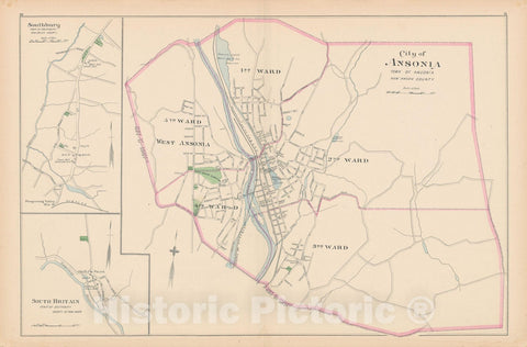 Historic Map : Ansonia & Southbury 1893 , Town and City Atlas State of Connecticut , Vintage Wall Art