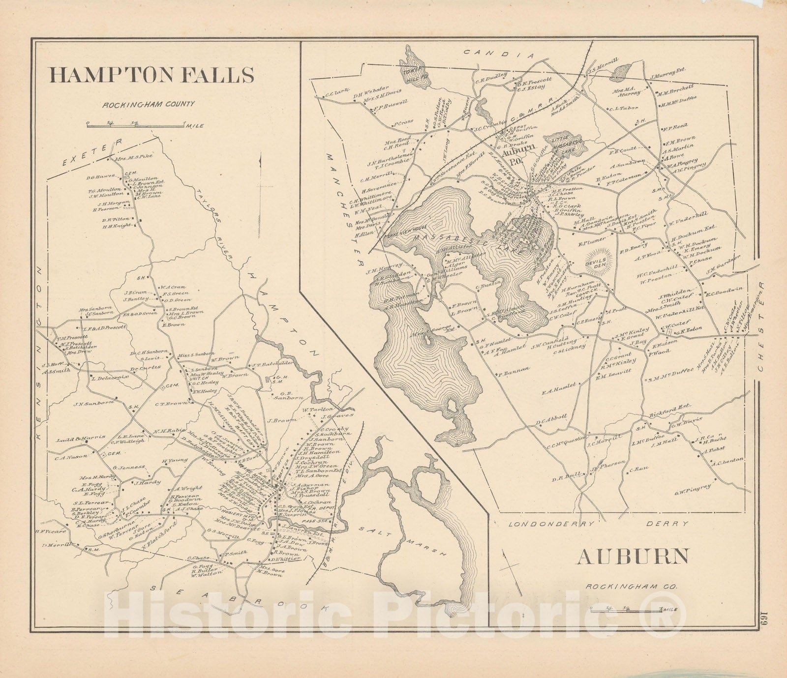 Historic Map : Auburn & Hampton Falls 1892 , Town and City Atlas State of New Hampshire , Vintage Wall Art