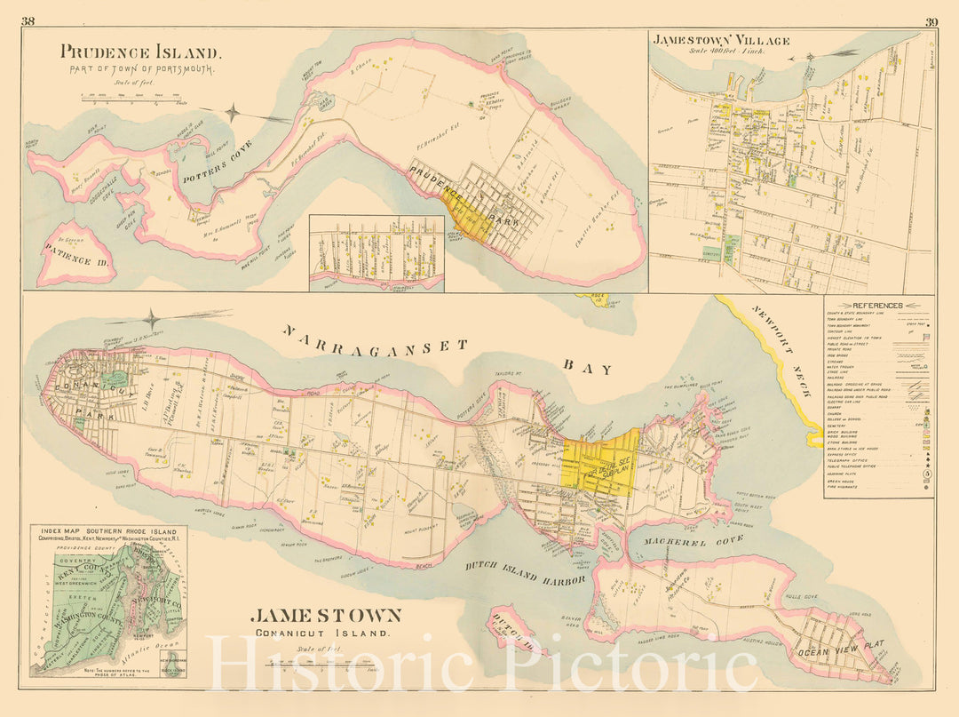 Historic Map : Atlas of Southern Rhode Island, Jamestown 1895 , Vintage Wall Art