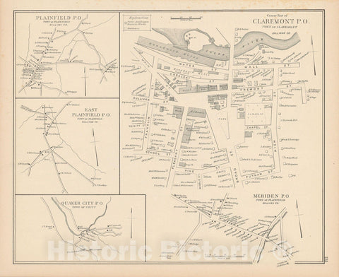 Historic Map : Claremont & Plainfield & Unity 1892 , Town and City Atlas State of New Hampshire , Vintage Wall Art