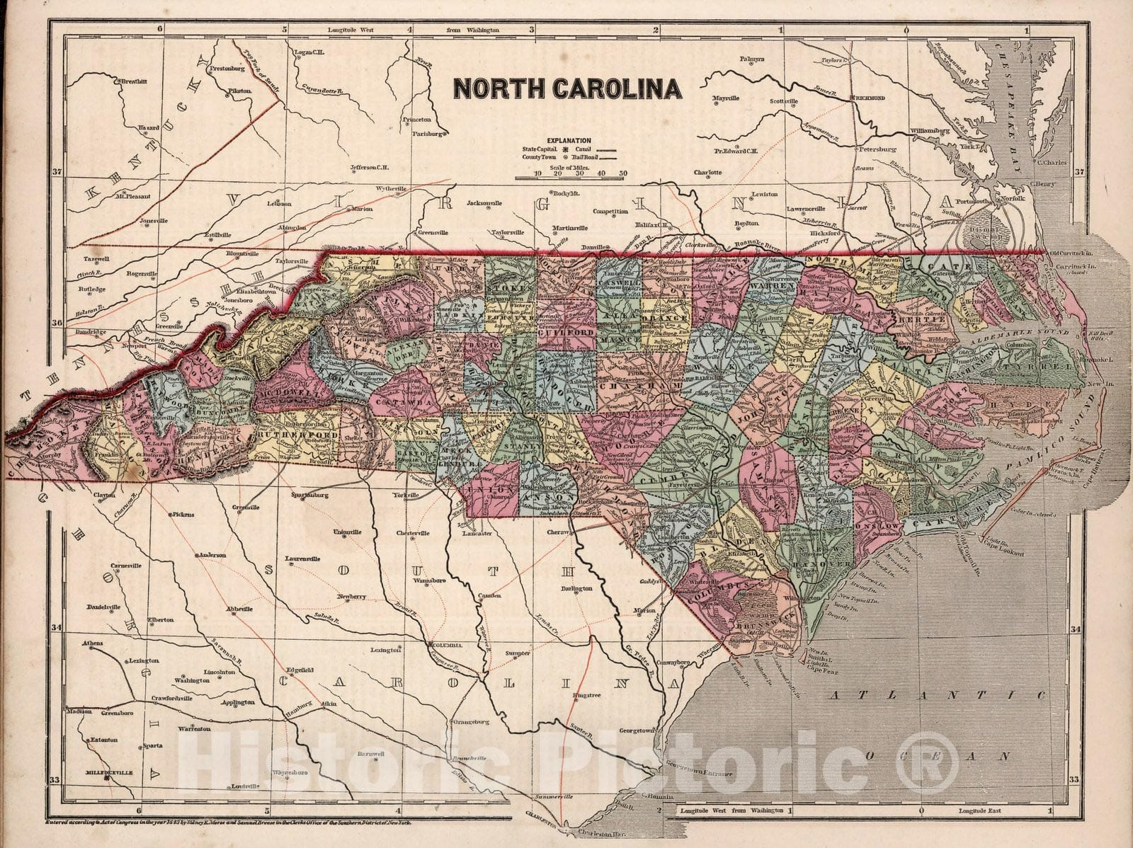 Carte Ancienne De La Caroline Du Nord 1856 - Reproduction Vintage Sur Toile - Neuf
