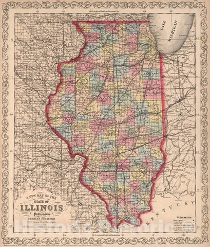 Historic Map - A New Map of the State of Illinois : Published by Charles Desilver, 1859 - Vintage Wall Art