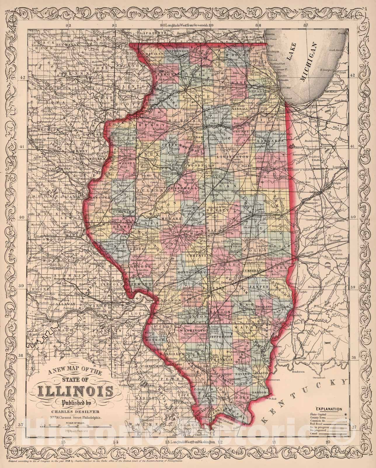 Historic Map - A New Map of the State of Illinois : Published by Charles Desilver, 1859 - Vintage Wall Art