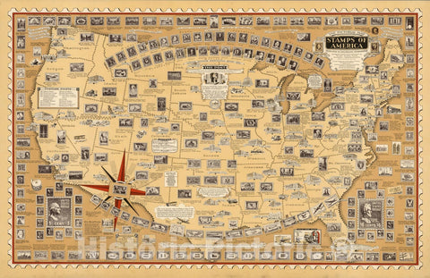 Historic Map : The pictorial map : Stamps of America, 1947 - Vintage Wall Art