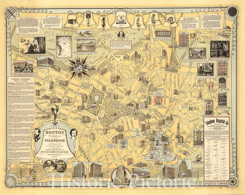 Historic Map : Boston, Birthplace of the Telephone : A Pictorial Map of the Down Town Area, 1947 - Vintage Wall Art