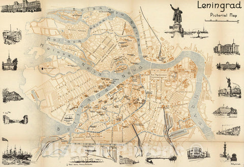Historic Map - Leningrad Pictorial Map, 1960, - Vintage Wall Art