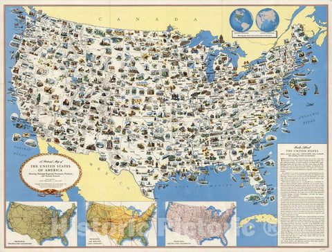 Historic Map : Pictorial map of the United States of America, 1950 - Vintage Wall Art