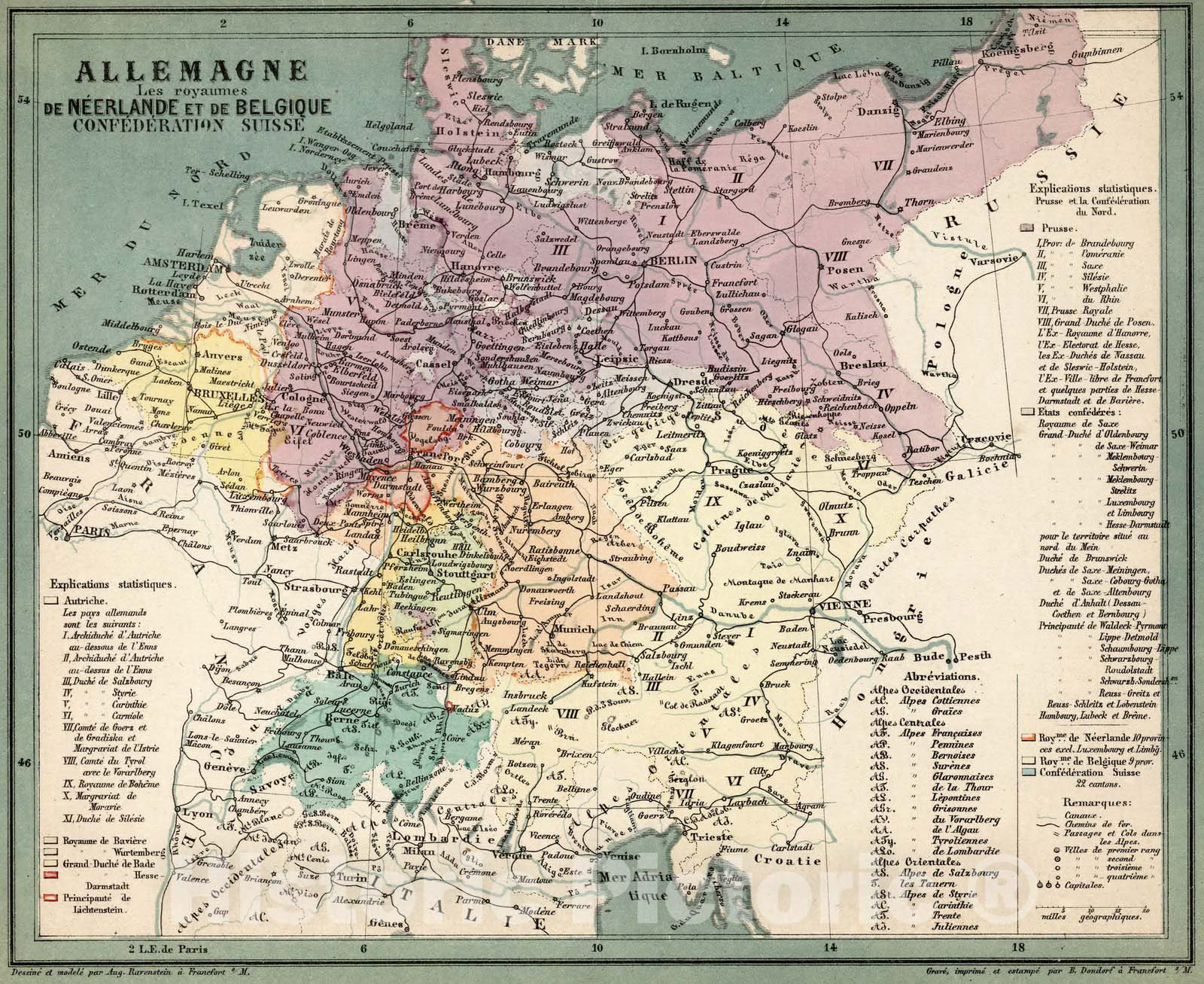 Historic Map : Germany,Allemagne Les royaumes de Neerlande et de Belgique Confederation Suisse 1865 v1 , Vintage Wall Art
