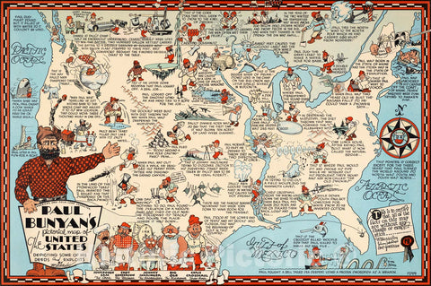 Historic Map - Paul Bunyan's pictorial map of the United States, 1935, - Vintage Wall Art