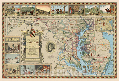 Historic Map : An historical and literary map of the Old Line State of Maryland, 1931 - Vintage Wall Art