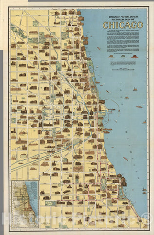 Historic Map : Chicago Motor Coach Pictorial Map of Chicago, 1940 - Vintage Wall Art