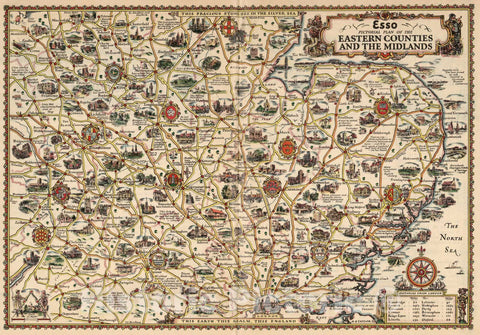 Historic Map : Esso Pictorial Plan of the Eastern Counties and the Midlands. 1932 - Vintage Wall Art