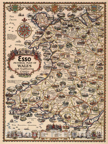 Historic Map : Esso Pictorial Plan of Wales with Neighbouring Counties. 1932 - Vintage Wall Art