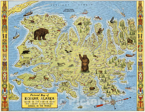 Historic Map - Pictorial Map of Kodiak, Alaska.Home of the Kodiak Bear, The Largest Carnivorous Animal in the World, 1948 - Vintage Wall Art