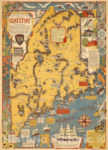 Historic Map : Maine, A Decorative Map of the state of Maine Old Dirigo. 1938 , Vintage Wall Art