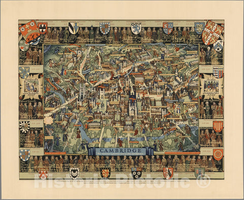 Historic Map : Pictorial map, Cambridge, England. 1948 - Vintage Wall Art