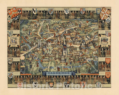 Historic Map : Pictorial map, Cambridge, England. 1948 - Vintage Wall Art