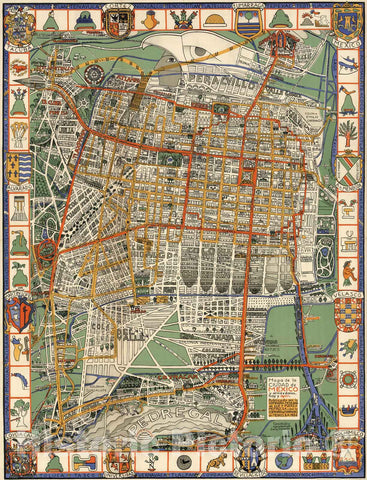 Historic Map : Pictorial map of the city of Mexico and surroundings yesterday and today, 1932 - Vintage Wall Art