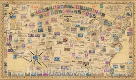 Historic Map : The pictorial map : United States Stamps, 1949 - Vintage Wall Art