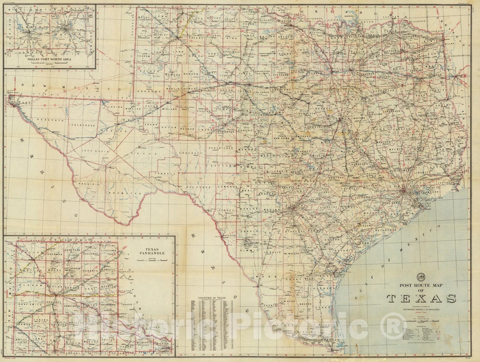 Historic Map : Composite Map: Post Route Map of the State of Texas January 1, 1948. - Vintage Wall Art