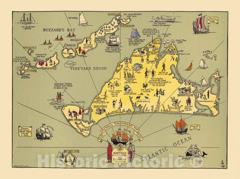 Historic Map - Pictorial Tercentenary Map 1630-1930. Martha's Vineyard and Elizabeth Islands - Vintage Wall Art