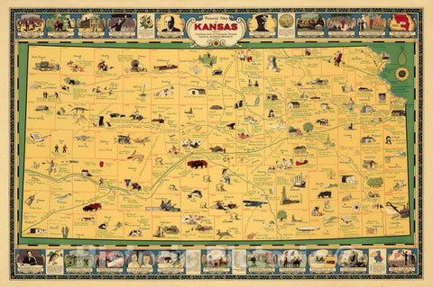 Pictorial map of Kansas, 1930 - Vintage Wall Art