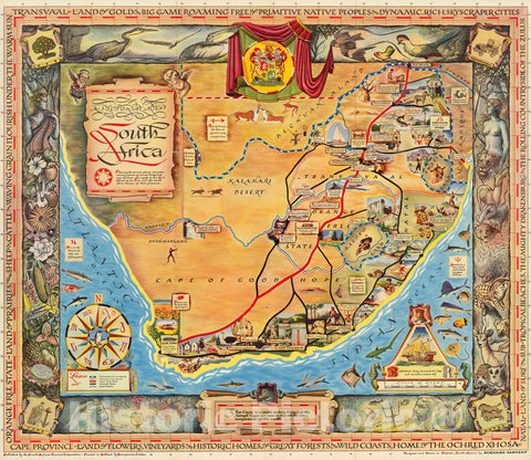 Historic Map : A pictorial map : South Africa, 1950 - Vintage Wall Art
