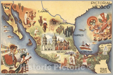 Historic Map : Mexico, Pictorial Mexico. Miguel Gomez Meina 1930 , Vintage Wall Art
