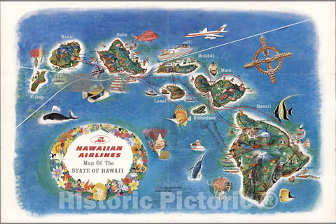 Historic Wall Map : Hawaiian Airlines Map of the State of Hawaii, 1963 - Vintage Wall Art