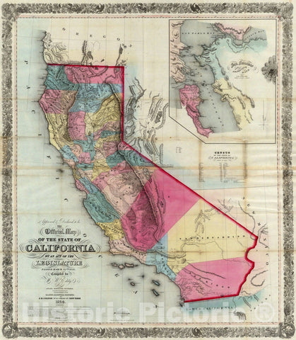 Historic Map - Official map of the State of California, 1854, - Vintage Wall Art